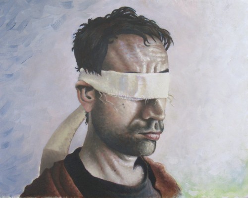 "Self-Portrait (Blindfolded)," Oil on Canvas, 16 x 20 in, Feb. 2024